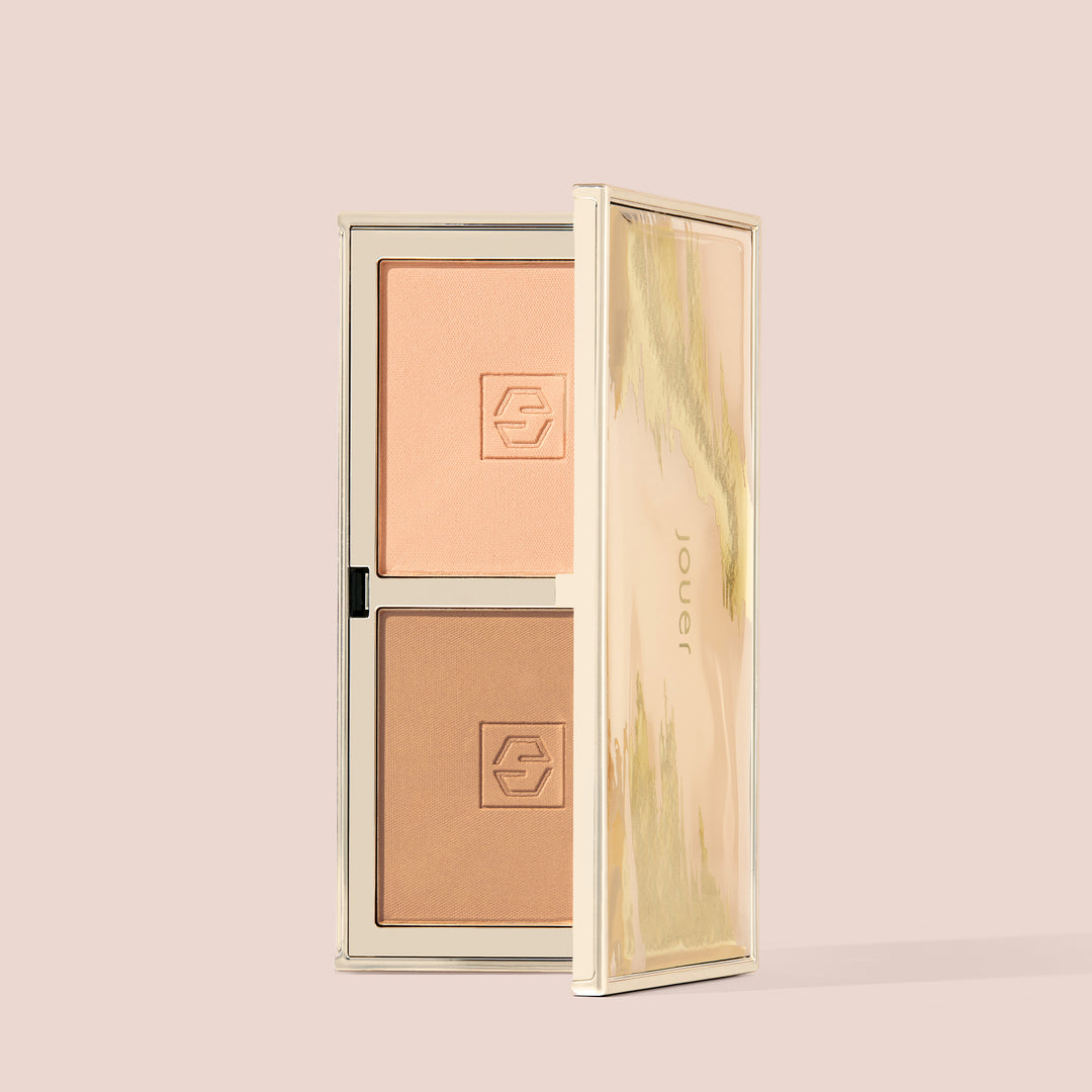 Matte bronzer palette with two warm-toned shades in an elegant compact with a translucent marbled lid.