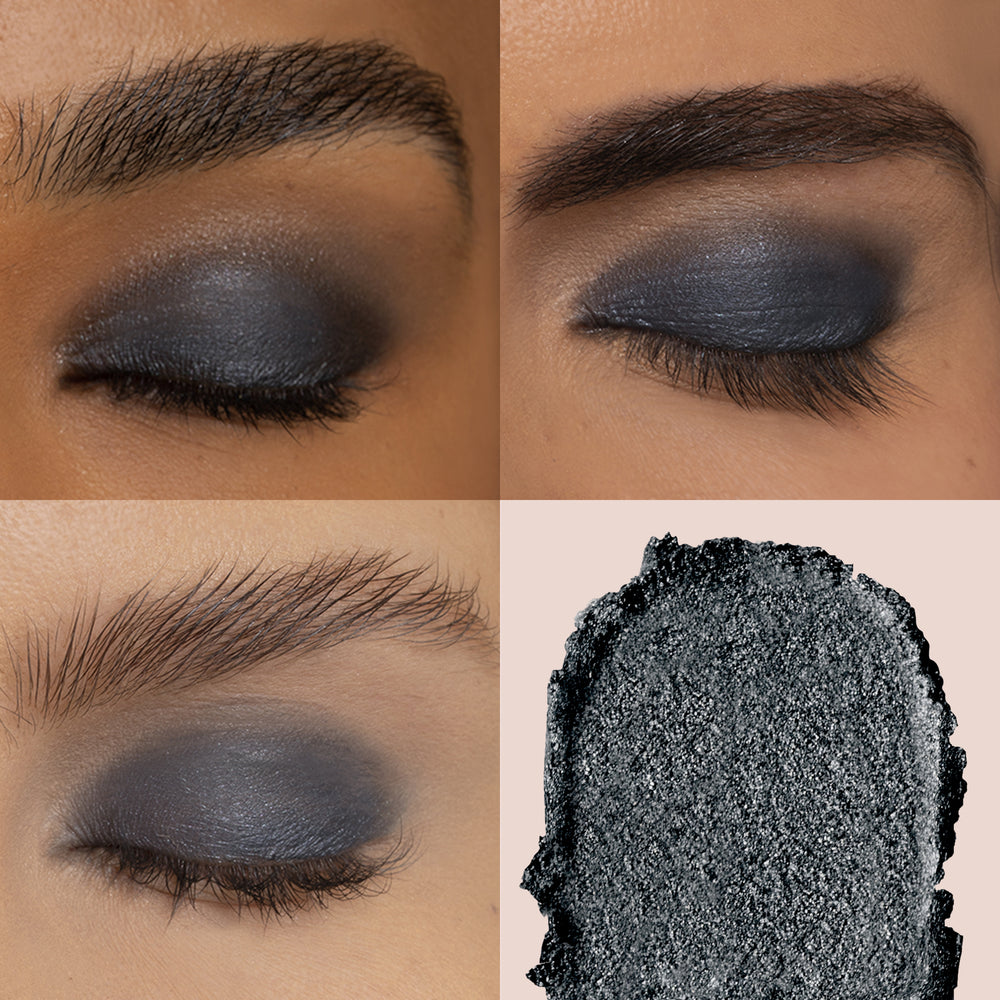 A collage of three closed eyes, each featuring dark gray Crème Eyeshadow from Jouer Cosmetics, highlighting its paraben-free formula and well-groomed eyebrows. The fourth image is a detailed close-up of the gray Crème Eyeshadow texture, emphasizing its cruelty-free formulation.