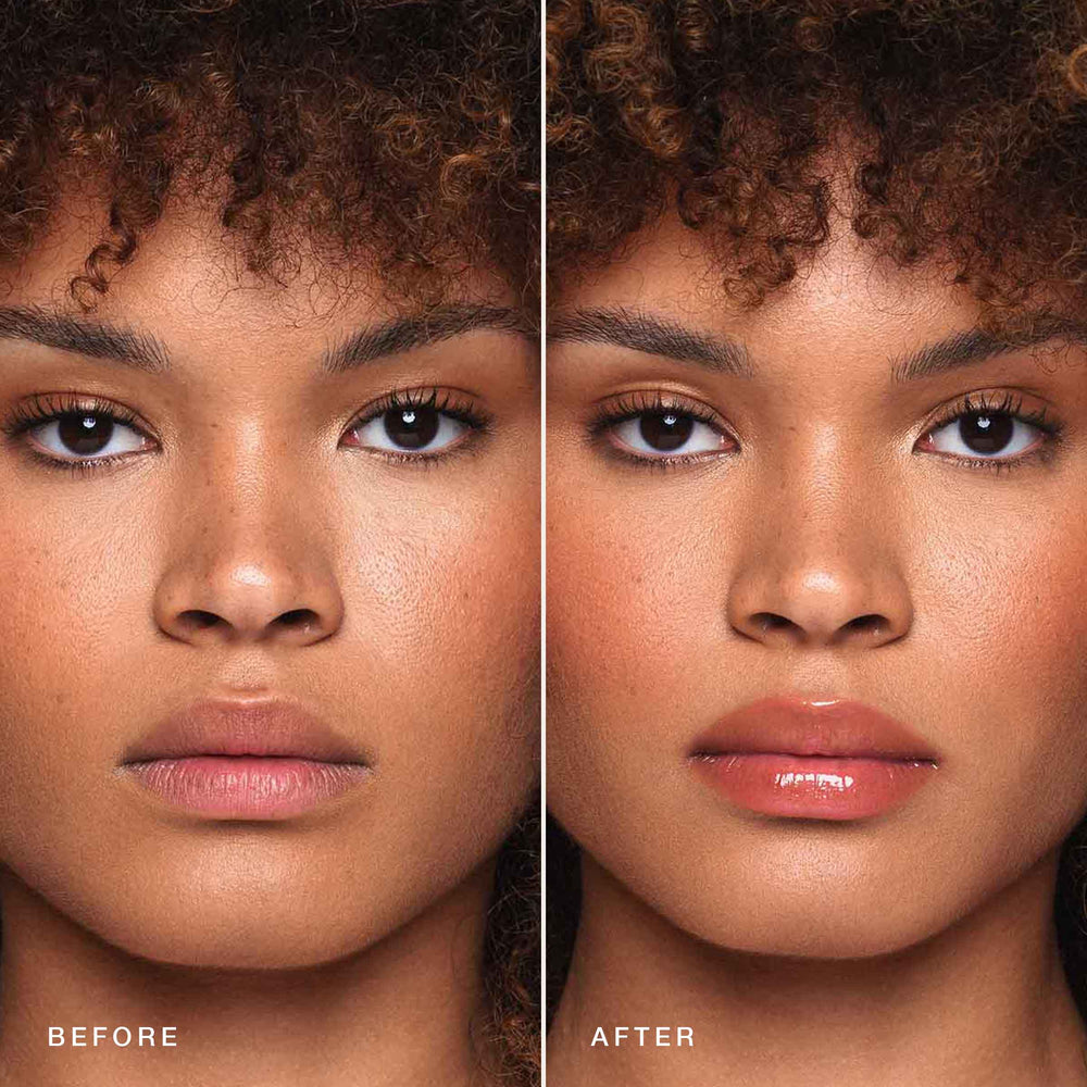 Side-by-side comparison of a woman’s face before and after makeup application. The "Before" image shows natural lips, while the "After" image displays glossy lips thanks to Jouer Cosmetics Essential Lip Oil and enhanced cheekbones, highlighting a subtle, paraben-free makeup look that accentuates her features.