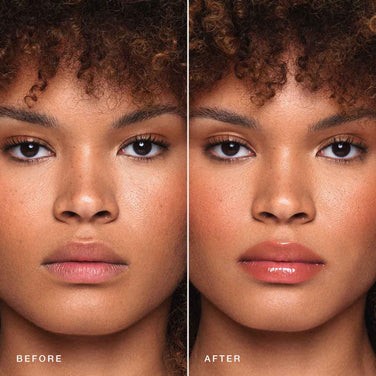 Side-by-side comparison of a woman’s face before and after makeup application. The "Before" image shows natural lips, while the "After" image displays glossy lips thanks to Jouer Cosmetics Essential Lip Oil and enhanced cheekbones, highlighting a subtle, paraben-free makeup look that accentuates her features.