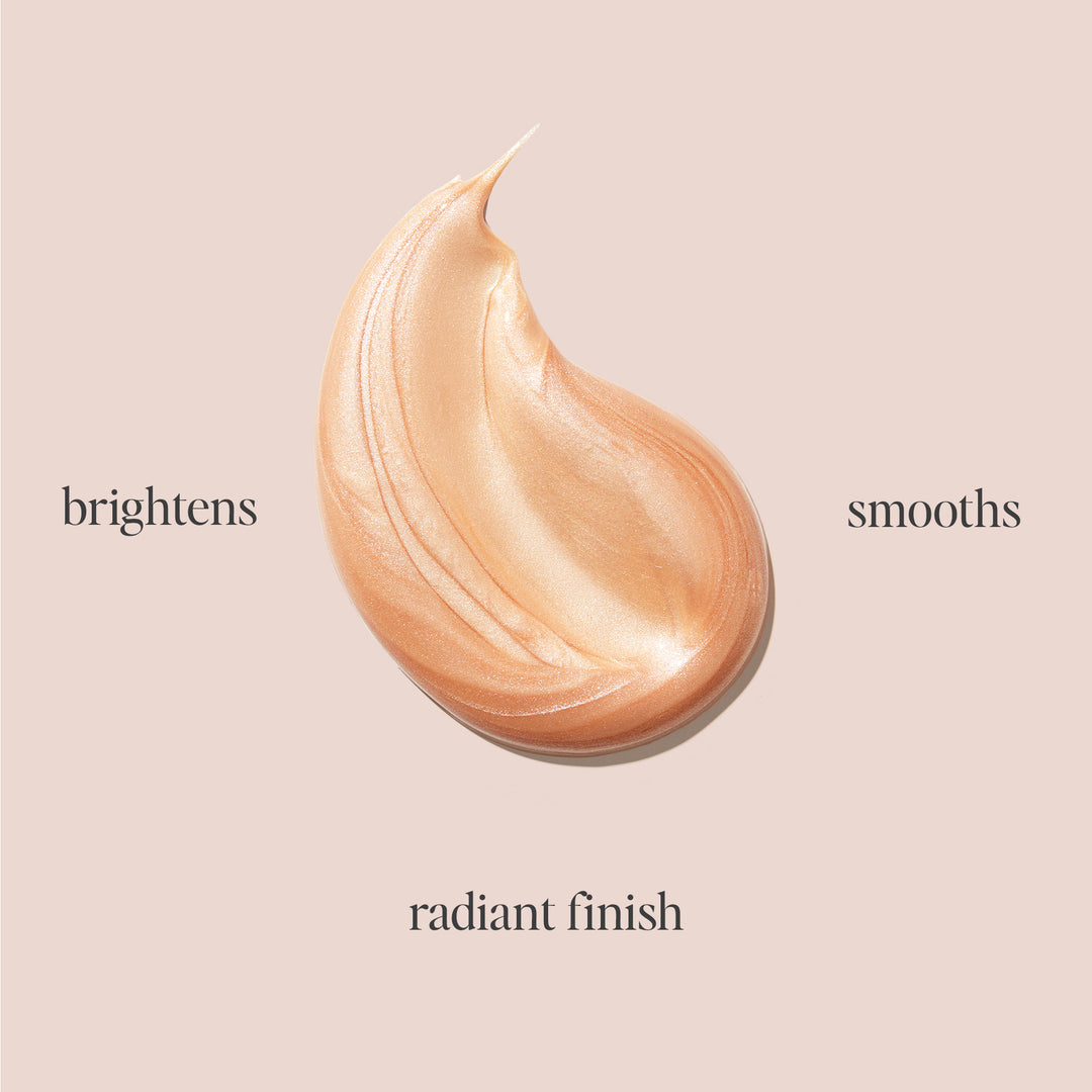 Nude face serum swatch showing brightening, smoothing, and radiant finish effects on a soft beige background