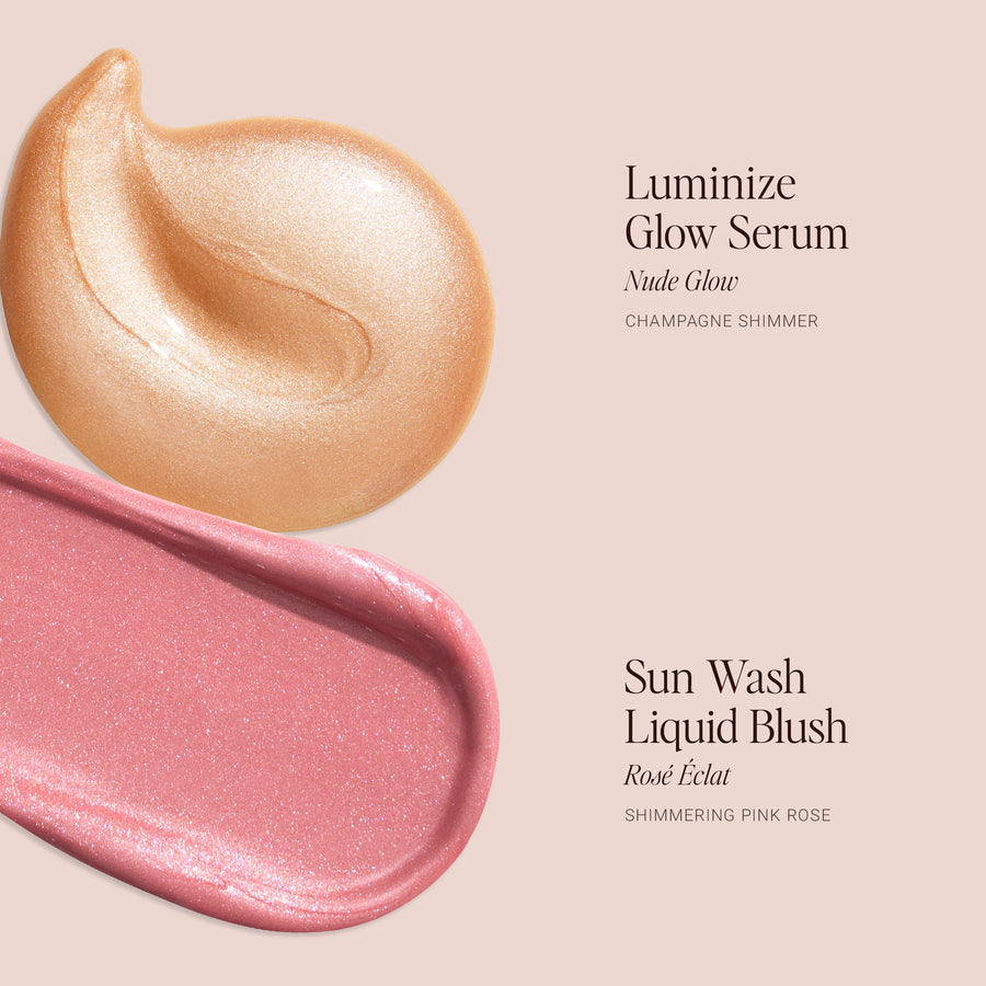 Swatches of champagne shimmer Luminizing Glow Serum in Nude Glow and shimmering pink rose Sun Wash Liquid Blush in Rosé Éclat on a blush pink background.