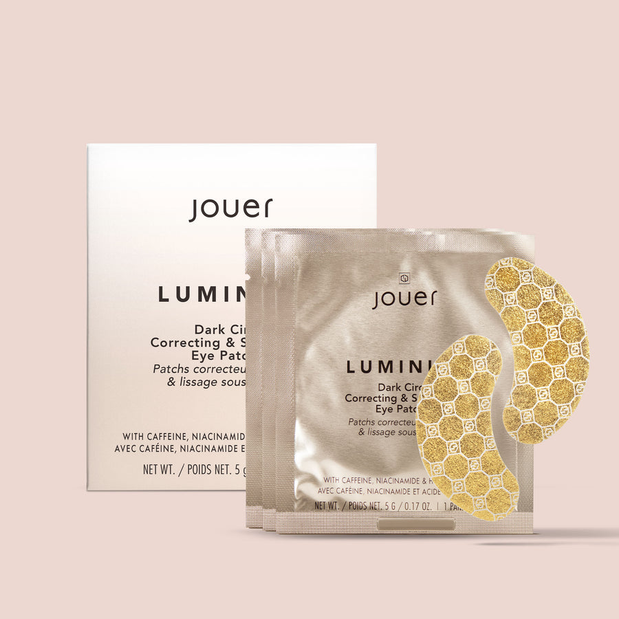 Jouer Luminize Dark Circle Correcting & Smoothing Eye Patches, featuring gold under-eye patches and three individual sachets with product box.
