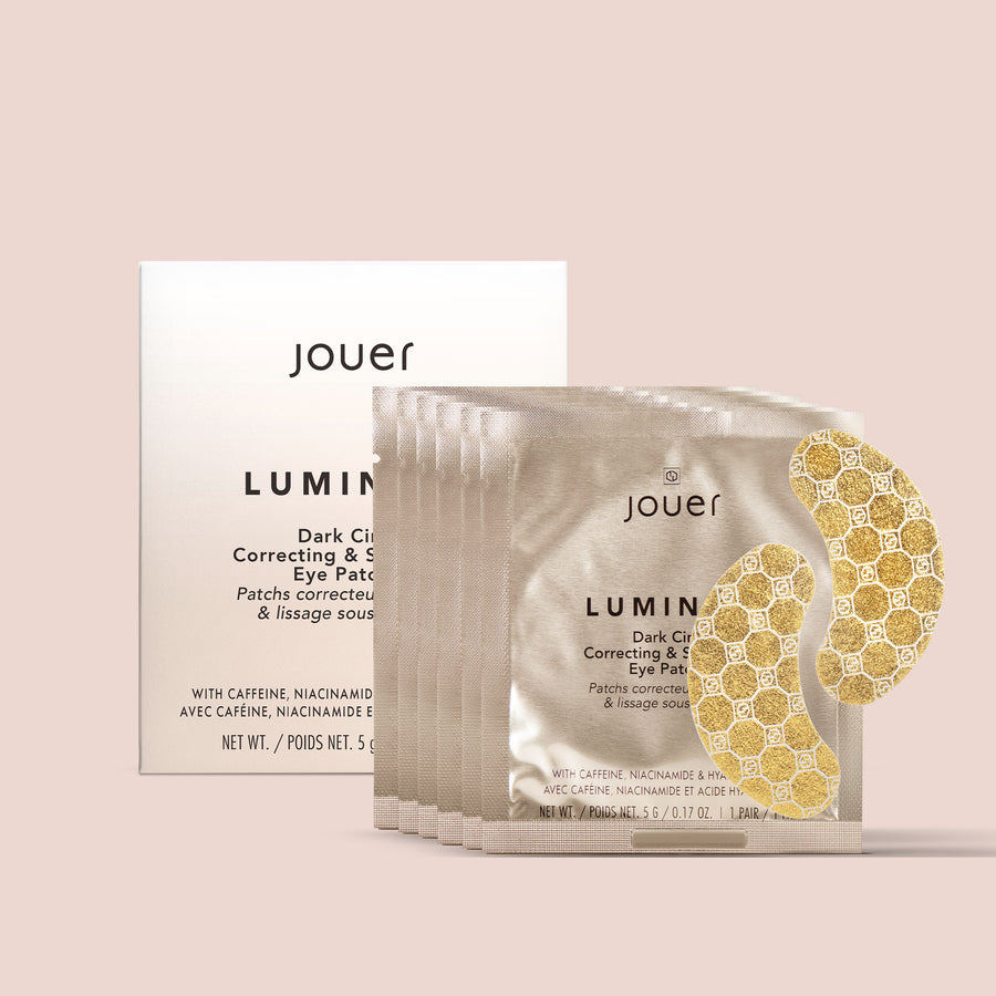 Jouer Luminize Dark Circle Correcting & Smoothing Eye Patches, featuring gold under-eye patches and six individual sachets with product box.