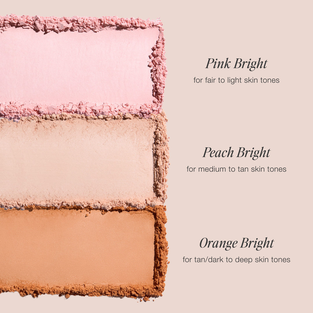 Three pressed powder swatches showing Pink Bright for fair to light skin tones, Peach Bright for medium to tan skin tones, and Orange Bright for tan/dark to deep skin tones.