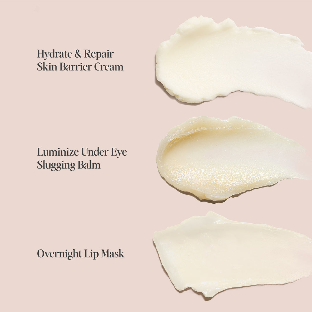 The image displays the "Bedtime Beauty Set" by Jouer Cosmetics, featuring three cruelty-free skincare products with a cream-like texture on a light background. From top to bottom, they are labeled as "Hydrate & Repair Skin Barrier Cream," "Luminize Under Eye Slugging Balm," and "Overnight Lip Mask.