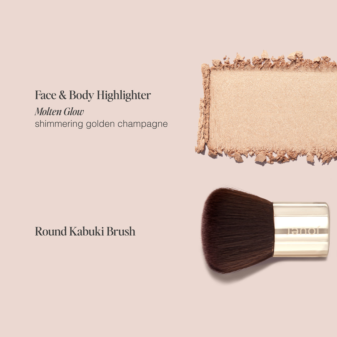 A flat lay image features the Molten Glow champagne highlighter from Jouer Cosmetics at the top right and a Petit Kabuki Brush with a gold handle at the bottom. Text on the left describes, "Molten Glow Face & Body Highlighter, luminous glow" and "Petit Kabuki Brush, luxurious highlighter.