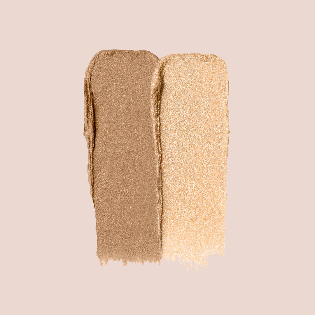 Sunset, Two swatches of Jouer Cosmetics' Bloom, Bronze & Glow makeup foundation are displayed side by side on a beige background. The left swatch showcases a medium brown shade, reminiscent of a bronzer, while the right swatch features a light beige shade. Both swatches demonstrate smooth texture and even application.