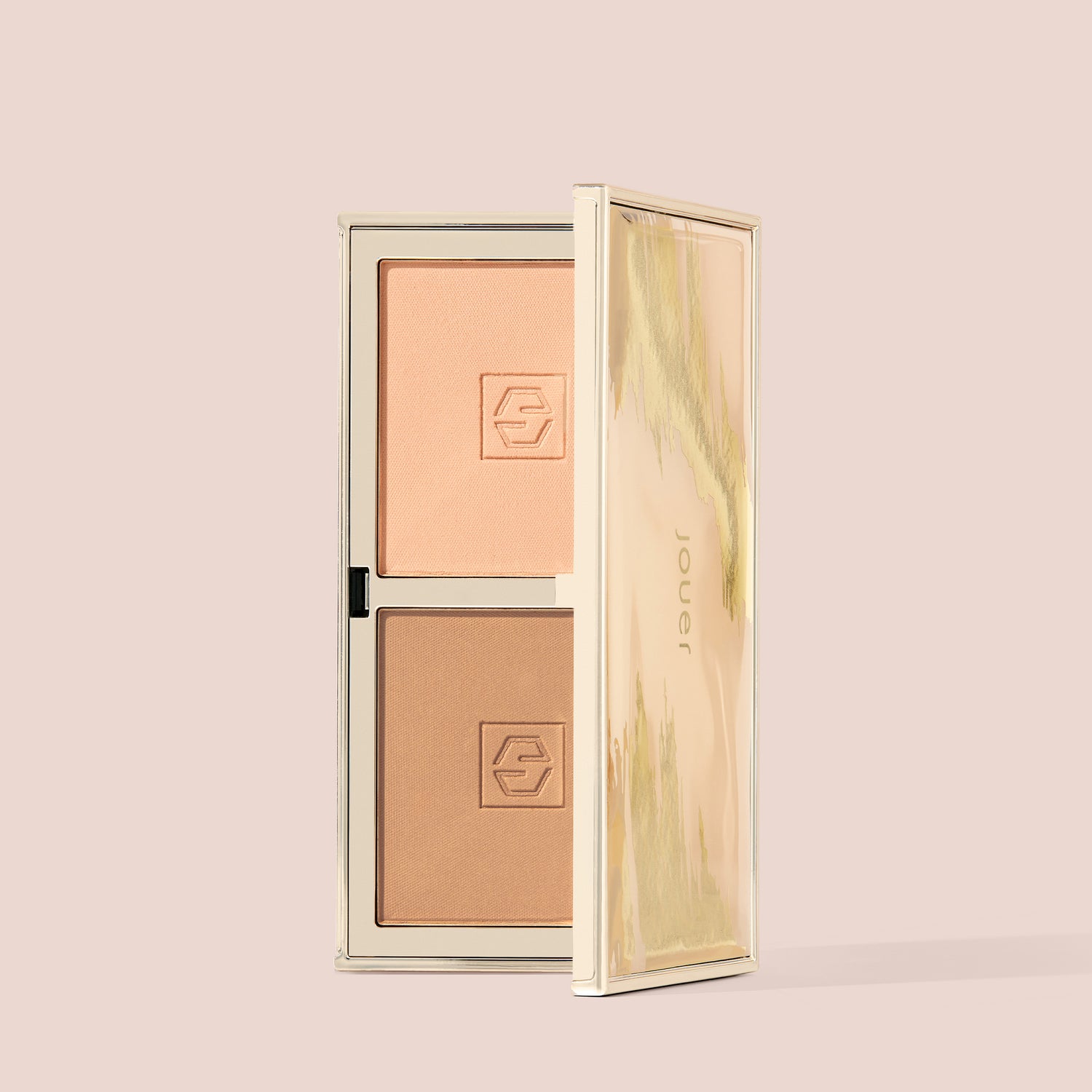 Matte bronzer palette with two warm-toned shades in an elegant compact with a translucent marbled lid.