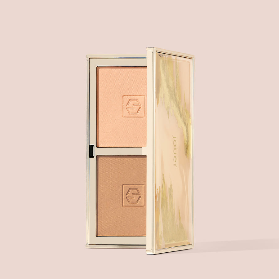 Open Jouer Sunswept Bronzer duo palette showing two matte bronzer shades in gold compact
