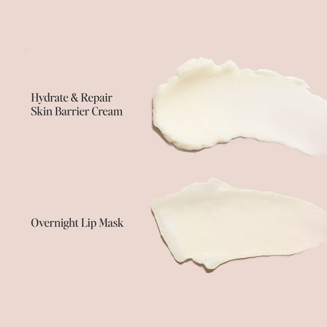 Product texture swatches of Jouer Hydrate & Repair Skin Barrier Cream and Overnight Lip Mask on a blush pink background, showing the rich, creamy consistency of each formula.
