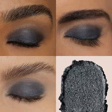  A collage of three closed eyes, each featuring dark gray Crème Eyeshadow from Jouer Cosmetics, highlighting its paraben-free formula and well-groomed eyebrows. The fourth image is a detailed close-up of the gray Crème Eyeshadow texture, emphasizing its cruelty-free formulation.