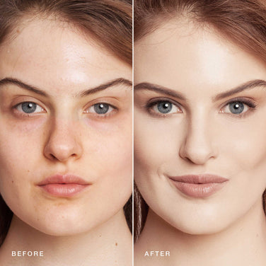  Close-up split image of a woman's face showing a "before" and "after" comparison. The left side displays her natural skin texture with minimal makeup, while the right side showcases her smoother complexion using Jouer Cosmetics' Essential Crème Foundation, along with enhanced makeup that includes cruelty-free eyeliner and lipstick.