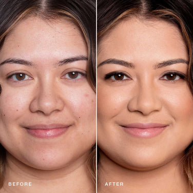  Side-by-side close-up images of a woman. The left image is labeled "before" and shows her with acne and uneven skin tone. The right image, showcasing the effects of Jouer Cosmetics' Essential Crème Foundation, is labeled "after" and depicts her with smooth, clear skin and makeup, including foundation and lipstick.