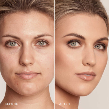  Side-by-side comparison showing a woman before and after applying Jouer Cosmetics' Essential Crème Foundation. In the "before" image, her skin appears uneven with some blemishes. In the "after" image, her cruelty-free and paraben-free complexion looks smooth and even, with enhanced facial features and a polished look.