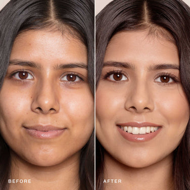 Side-by-side comparison of a woman's face without makeup on the left ("Before") and with makeup on the right ("After"). The "After" image showcases enhanced skin tone, defined eyebrows, darker eyelashes, and lipstick—all achieved using Jouer Cosmetics' Essential Crème Foundation, which is paraben-free and cruelty-free.