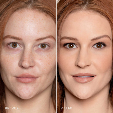  A side-by-side before and after comparison of a woman's face showing a makeup transformation. On the left, the woman has a natural, makeup-free look with visible freckles. On the right, she is wearing Jouer Cosmetics' Essential Crème Foundation, with a smooth, flawless complexion and accentuated features.