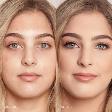  Side by side comparison of a woman’s face before and after makeup application. The "before" image shows minor acne and uneven skin tone. The "after" image, achieved with Jouer Cosmetics' cruelty-free Essential Crème Foundation, reveals clear, smooth skin with enhanced eyebrows, eyes, and lips, indicating a polished makeup look.