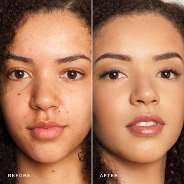  Side-by-side comparison of a young woman's face before and after applying makeup. The "before" image shows her with natural, blemished skin, while the "after" image reveals smooth, clear skin enhanced by Essential Crème Foundation from Jouer Cosmetics, featuring perfected eyebrows, eyeshadow, eyeliner, and glossy lips—all achieved using cruelty-free products.