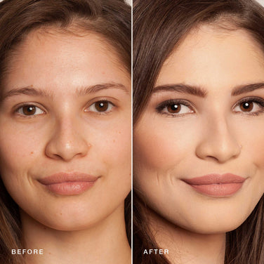  A split image showing a woman before and after makeup application using Jouer Cosmetics' Essential Crème Foundation. On the left, "Before" she has a natural look with bare skin. On the right, "After" she has even-toned skin from cruelty-free products, enhanced eyebrows, eye makeup, and nude lipstick.