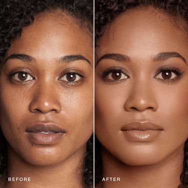  A close-up of a woman's face highlights a transformation in skin appearance. The left side, labeled "Before," shows uneven skin tone and blemishes, while the right side, labeled "After," reveals a smooth, even complexion with enhanced makeup, achieved using Jouer Cosmetics' Essential Crème Foundation, a cruelty-free product.