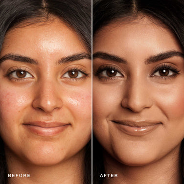  Side-by-side comparison of a woman's face before and after makeup application using Jouer Cosmetics' Essential Crème Foundation. The left image shows her with a natural look, while the right image features her with makeup, showcasing smooth, radiant skin, defined eyebrows, eye makeup, and a neutral lip color—all achieved using cruelty-free products. Text reads "BEFORE" on the left and "AFTER" on the right.