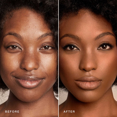  A side-by-side comparison of a woman's face, shown before and after makeup application. The left side shows her natural look with noticeable skin texture. The right side displays a smoother complexion with enhanced features including defined eyes and lips—all achieved using Jouer Cosmetics' Essential Crème Foundation, which is cruelty-free.