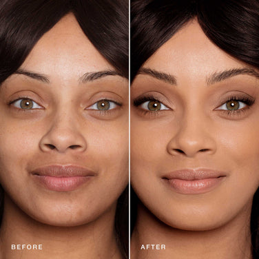  Side-by-side comparison of a woman's face, showing a "before" on the left and an "after" on the right. The left image shows a natural look, while the right features a more polished appearance with Jouer Cosmetics' Essential Crème Foundation, highlighting changes in skin tone, eye makeup, and lip color. This foundation is paraben-free, enhancing her features while maintaining skin health.