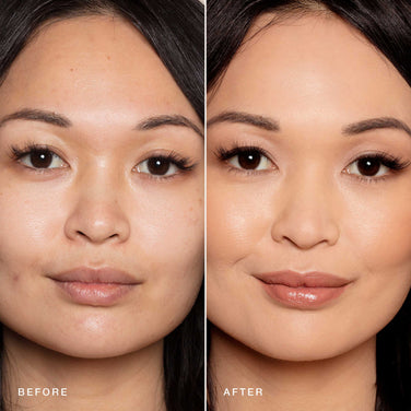  Side-by-side comparison of a woman's face showing "before" on the left and "after" on the right. In the "before" image, her skin shows minor imperfections, while in the "after" image, her smooth and radiant skin reveals enhanced features achieved with Jouer Cosmetics' Essential Crème Foundation cruelty-free formula.