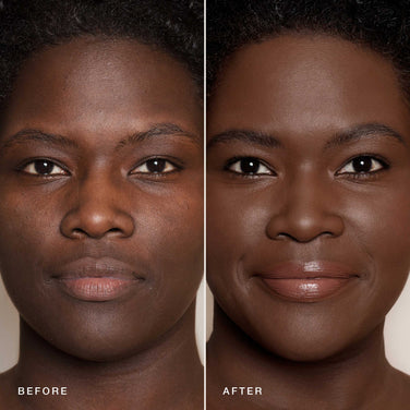  Side-by-side images of a person before and after makeup application. The "Before" image shows the person with a bare face, and the "After" image reveals a smooth complexion achieved using Essential Crème Foundation by Jouer Cosmetics, along with enhanced eyebrows and subtle lip color—all accomplished with cruelty-free products. Both images have neutral backgrounds.