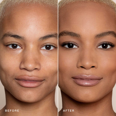  Two side-by-side images of the same person depict a "Before" and "After" makeup transformation. On the left, they have a bare face. On the right, they're wearing cruelty-free makeup by Jouer Cosmetics, featuring Essential Crème Foundation, eyebrow makeup, eyeshadow, eyeliner, mascara, and lipstick.