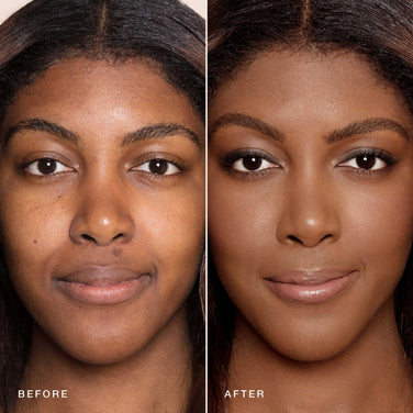 Side-by-side images of a person before and after makeup application. The left image shows a natural face, while the right highlights the same person with cruelty-free and gluten-free products from Jouer Cosmetics, including their Essential Crème Foundation, eyebrow shaping, eyeshadow, eyeliner, mascara, and lipstick.