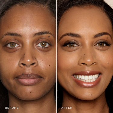  A before-and-after image of a woman's face. The left side shows her with a neutral expression, natural skin, and without makeup. The right side displays her smiling, with Jouer Cosmetics Essential Crème Foundation applied; her smoother skin and groomed eyebrows enhance her overall appearance in this cruelty-free makeup look.