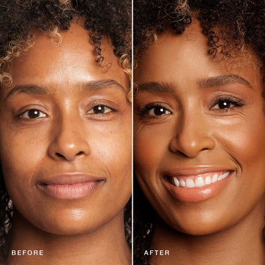  Side-by-side images of a person before and after a makeup application. The "before" image shows the person with minimal makeup, while the "after" image showcases a more polished look with smoother skin, brightened eyes, and enhanced contours—achieved using Jouer Cosmetics' Essential Crème Foundation, which is paraben-free.