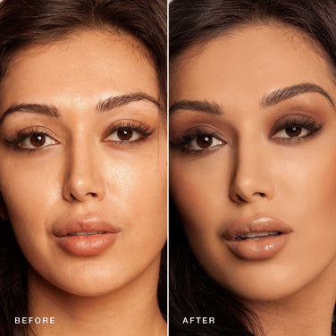  A side-by-side comparison showing a woman's face before and after makeup. The left image, labeled "Before," shows her with a natural look, while the right image, labeled "After," highlights a full makeup application featuring Jouer Cosmetics' Essential Crème Foundation along with eyeshadow and lipstick—all products used are cruelty-free.