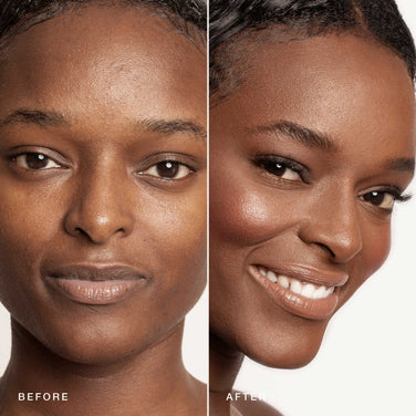  Side-by-side comparison of a woman's face before and after using Jouer Cosmetics' Essential Crème Foundation. The 'before' image shows a natural look with a bare face, while the 'after' image displays a polished look with makeup, highlighting smoother skin and enhanced features using this cruelty-free product.