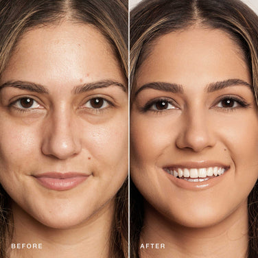  Side-by-side images of a woman labeled "Before" and "After." In the "Before" image, her face looks natural with minimal makeup. In the "After" image, she is smiling with noticeable makeup enhancements, including Essential Crème Foundation by Jouer Cosmetics, eye makeup, and lipstick—all products are cruelty-free and paraben-free.