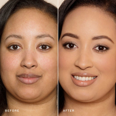  A split image showcases a woman's face before and after makeup application. On the left, she has a natural, makeup-free look. On the right, her face is enhanced with Jouer Cosmetics' Essential Crème Foundation, eyeliner, mascara, and lipstick—all of which are cruelty-free. She appears more polished and defined.