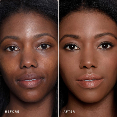 A close-up of a woman's face is displayed in two side-by-side images labeled "before" and "after." The "before" image shows her with bare skin, while the "after" image showcases her transformed with Jouer Cosmetics' Essential Crème Foundation. The makeup, including paraben-free and cruelty-free foundation, eyeliner, eyeshadow, and lipstick, enhances her natural beauty.