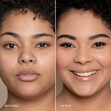  Side-by-side images show a person before and after applying makeup. In the "before" image, the person has a natural look. In the "after" image, their skin appears smoother with an even complexion, enhanced eyebrows, and they are smiling. The transformation is thanks to Jouer Cosmetics' Essential Crème Foundation, which is both cruelty-free and paraben-free.