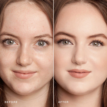  Side-by-side comparison of a young woman's face before and after makeup application. The "before" image shows her natural skin with minor blemishes, while the "after" image displays smooth, even-toned skin—all achieved with Jouer Cosmetics' Essential Crème Foundation—along with enhanced features like defined eyebrows, eyeshadow, and lipstick using cruelty-free products.