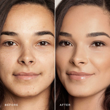  Side-by-side images of a woman's face, showing a "before" and "after" makeup transformation. In the "before" image, she has a natural look with minor blemishes and a nose ring. In the "after" image, her complexion appears smooth and even, thanks to the cruelty-free and paraben-free Jouer Cosmetics Essential Crème Foundation with subtle, polished makeup.