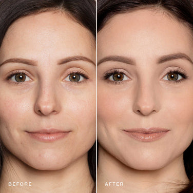  Side-by-side before and after images of a woman's face. The left image shows her bare face, while the right image highlights her polished look with makeup, including Essential Crème Foundation by Jouer Cosmetics, blush, eye makeup, and lipstick. All products used are cruelty-free and paraben-free.