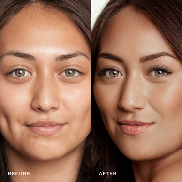 Side-by-side comparison of a woman's face labeled "Before" and "After." The "Before" image shows her with a natural look, while the "After" image showcases her with enhanced makeup, including smoother skin, defined eyebrows, and a soft lip color—all achieved using Jouer Cosmetics' Essential Crème Foundation, a cruelty-free product.