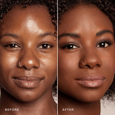  Side-by-side comparison of a person’s face before and after makeup application. The "before" image on the left shows a natural look, while the "after" image on the right displays a polished, makeup-enhanced appearance with smooth skin, enhanced eyes, and soft lips—all achieved with Jouer Cosmetics' Essential Crème Foundation, made from cruelty-free products.