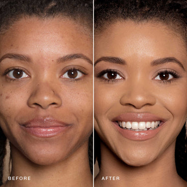 Side-by-side comparison of a woman before and after applying makeup. The "before" side shows her with minimal makeup and some visible skin blemishes. The "after" side depicts her with a smooth complexion, well-defined eyebrows, enhanced eye makeup, and a bright smile, all achieved using Jouer Cosmetics' Essential Crème Foundation – an expertly crafted cruelty-free product.