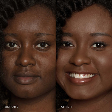  Side-by-side comparison of a person's face before and after using Jouer Cosmetics' Essential Crème Foundation. In the "before" image, the person has a neutral expression. In the "after" image, they are smiling. The image highlights changes in skin tone and texture, with noticeable improvements in brightness and smoothness—all achieved using our cruelty-free product, Essential Crème Foundation by Jouer Cosmetics.