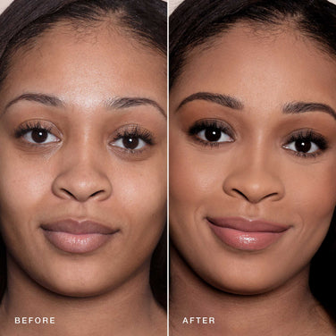  Side-by-side comparison of a woman's face showing a 'before' image on the left without makeup and an 'after' image on the right with Jouer Cosmetics' gluten-free, cruelty-free makeup applied. Featuring Essential Crème Foundation, eyeshadow, mascara, blush, and lipstick, the makeup enhances her features and gives a polished look.