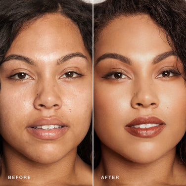  Side-by-side comparison of a woman's face showing "Before" and "After" makeup application. The left image showcases her natural look, while the right image flaunts a complete makeup transformation using Jouer Cosmetics' Essential Crème Foundation, featuring smooth foundation, contoured cheeks, defined eyebrows, and lipstick.
