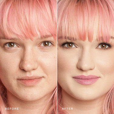  Side-by-side images display a person's face with pink hair. The left "Before" image shows their natural skin, free of any makeup. The right "After" image features the person with stunning full makeup, including Essential Crème Foundation by Jouer Cosmetics, alongside lipstick and enhanced eyebrows and eyelashes—all using cruelty-free and paraben-free products.